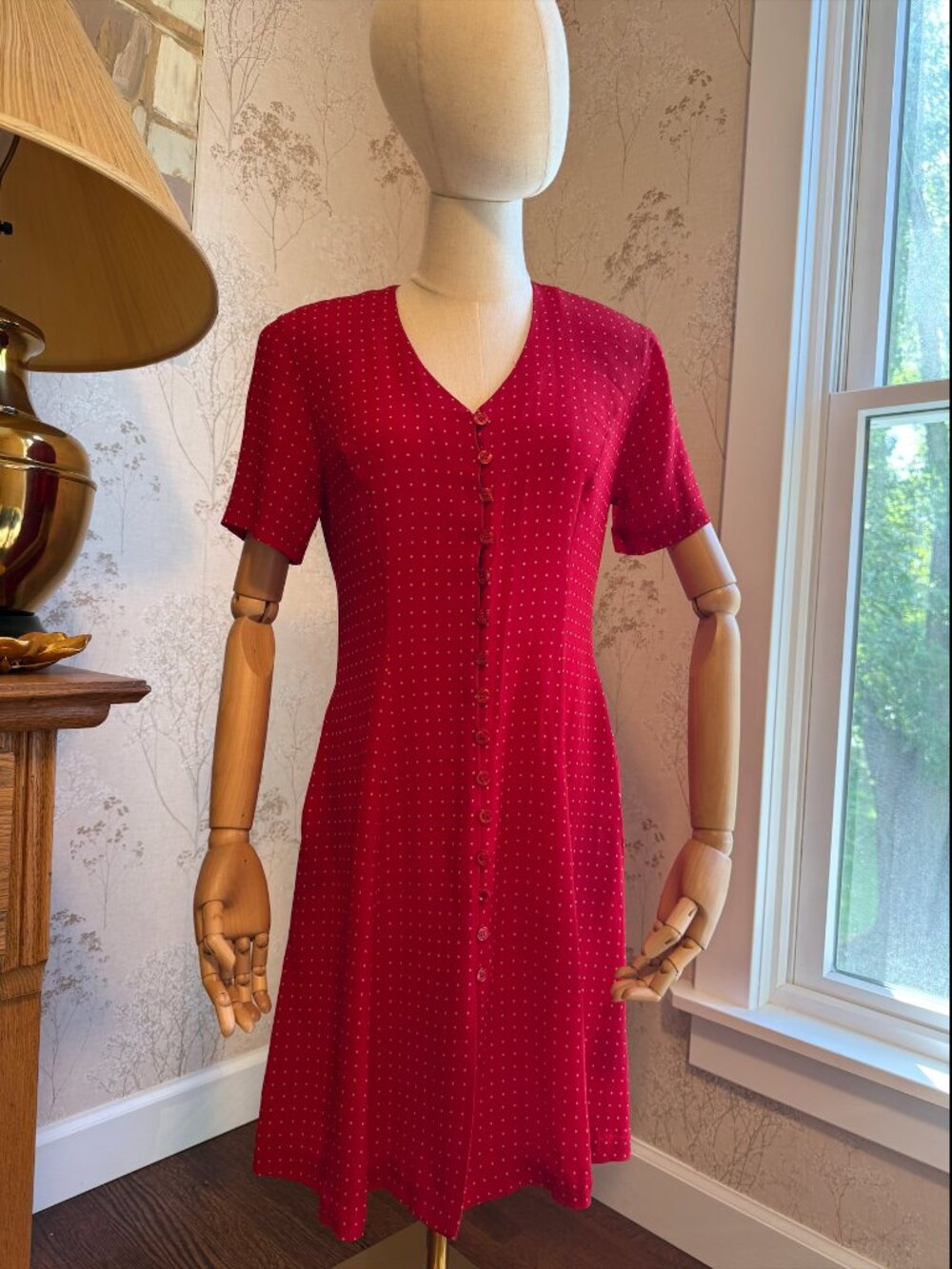 Vintage Jones New York Red Polka Dot Midi Dress W/ Pockets & Shoulder Pads 6